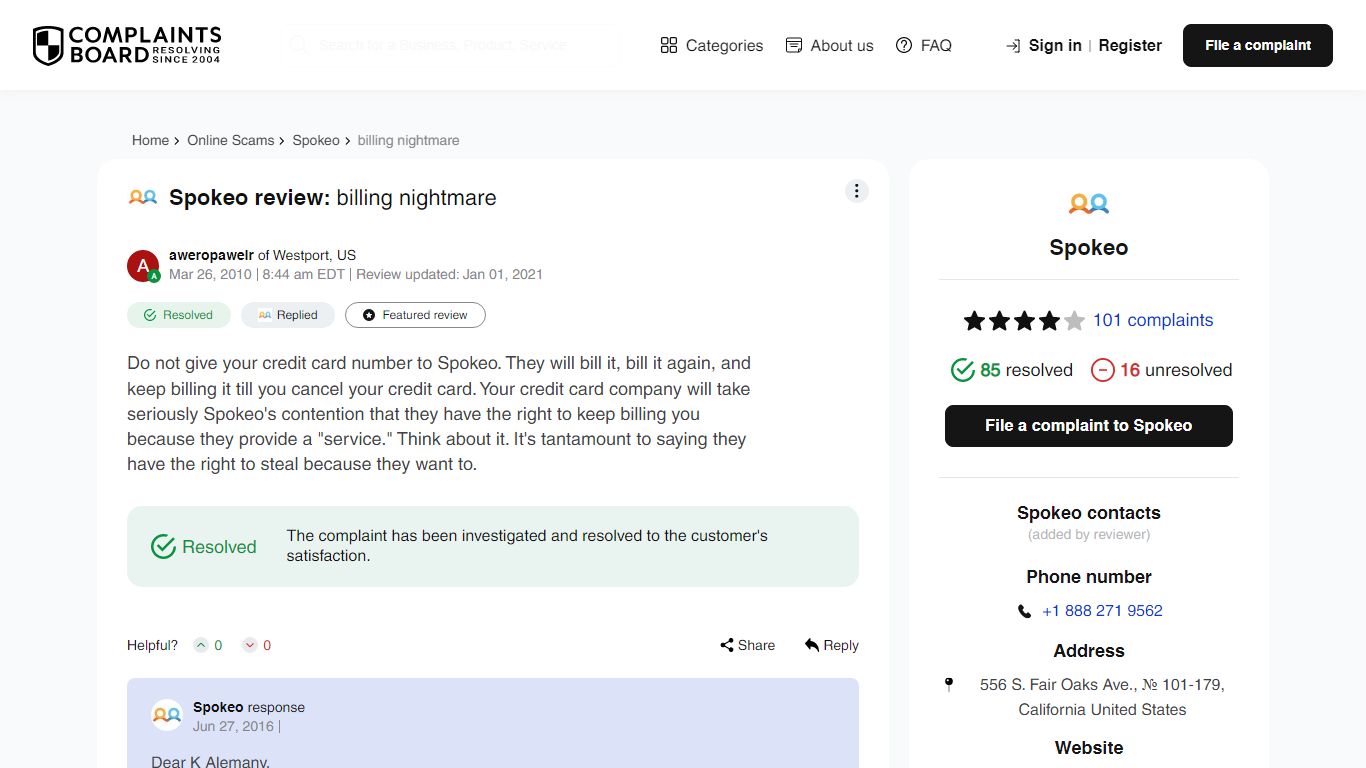[Resolved] Spokeo Review: billing nightmare - ComplaintsBoard.com